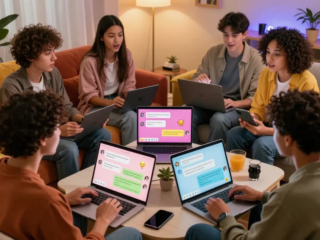 Engaging scene of users interacting with nsfw chat bot on personal devices in a cozy setting.