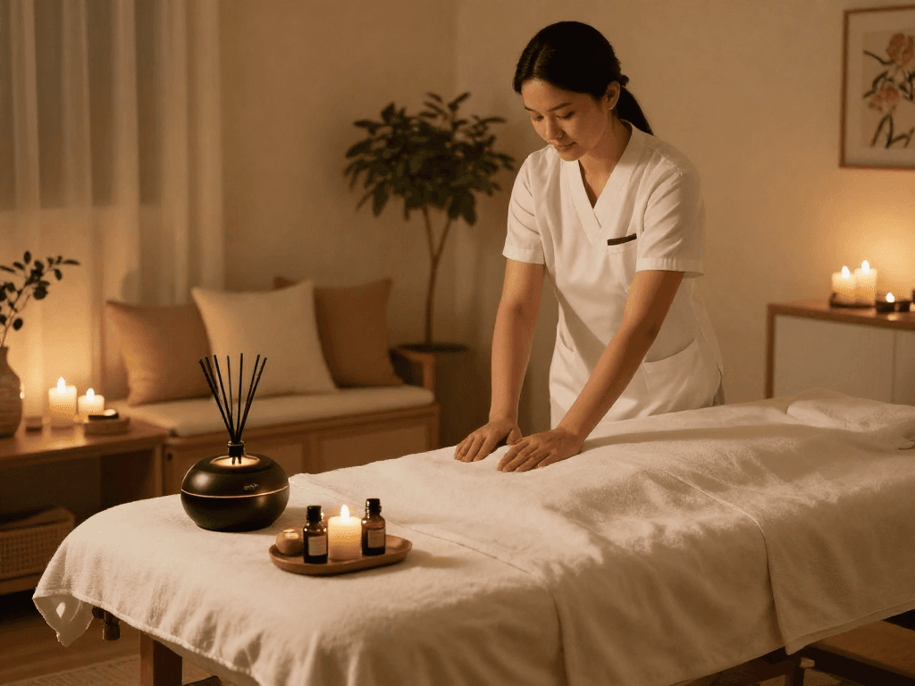 출장마사지 services in a serene home setting with calming ambiance and professional therapist.