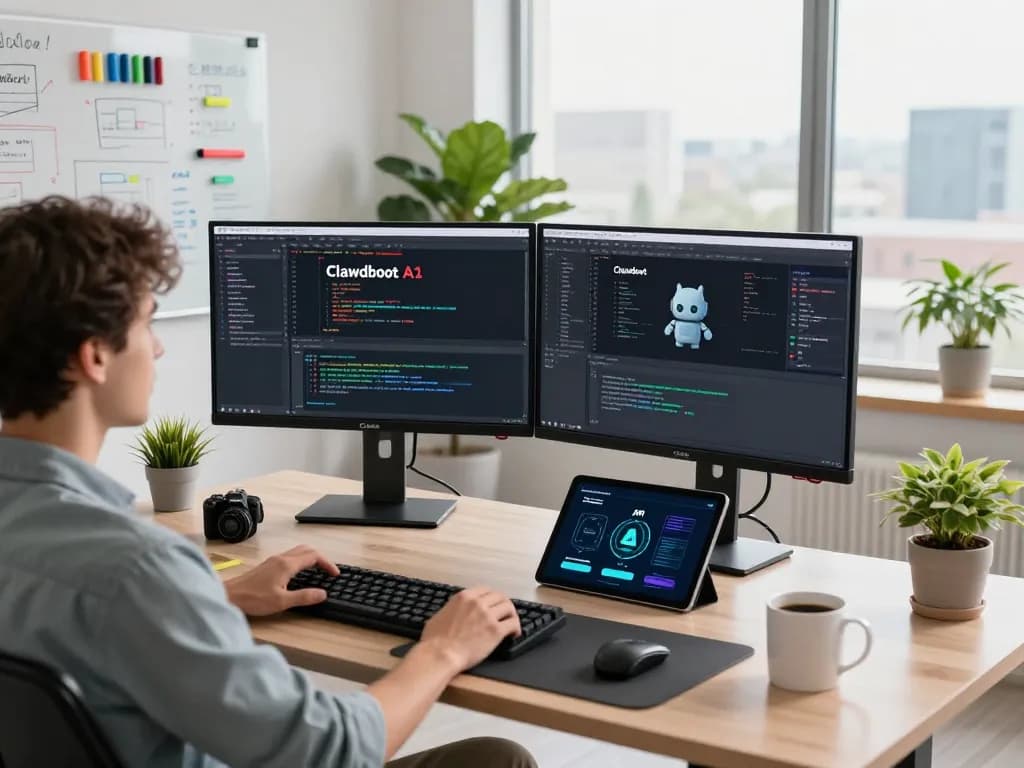 Workspace with developer using Clawdbot AI on dual monitors, coding and managing tasks.