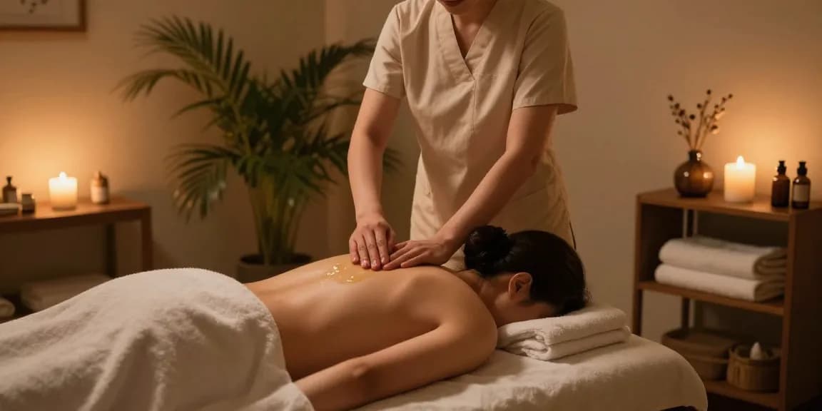 마사지로 편안하게 휴식하는 모습, 아늑한 스웨디시 마사지실에서 치료사가 고객의 등을 마사지하고 있습니다.