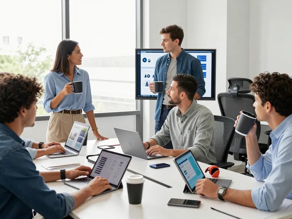 Collaboration in a tech workspace using must-have tech gadgets like tablets and Bluetooth devices.