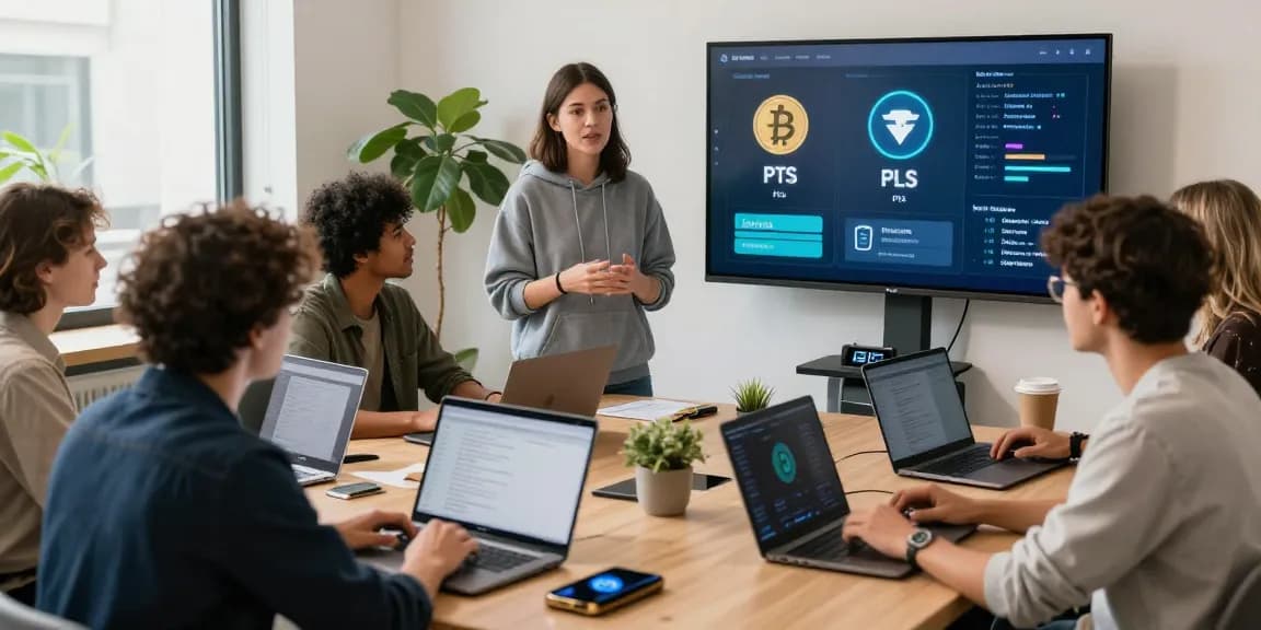 Collaborative workspace showcasing the PulseChain Bridge benefits with crypto enthusiasts engaged in bridging ETH and PLS.