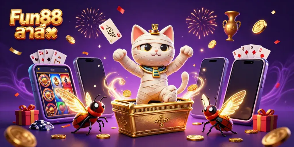 Experience the excitement of Fun88 ล่าสุด with a vibrant illustration of a mummy cat and casino elements.