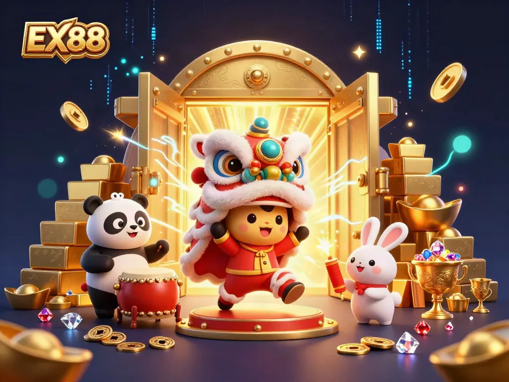Experience the excitement of EX88 with vibrant casino-themed 3D characters celebrating in a treasure-filled environment.