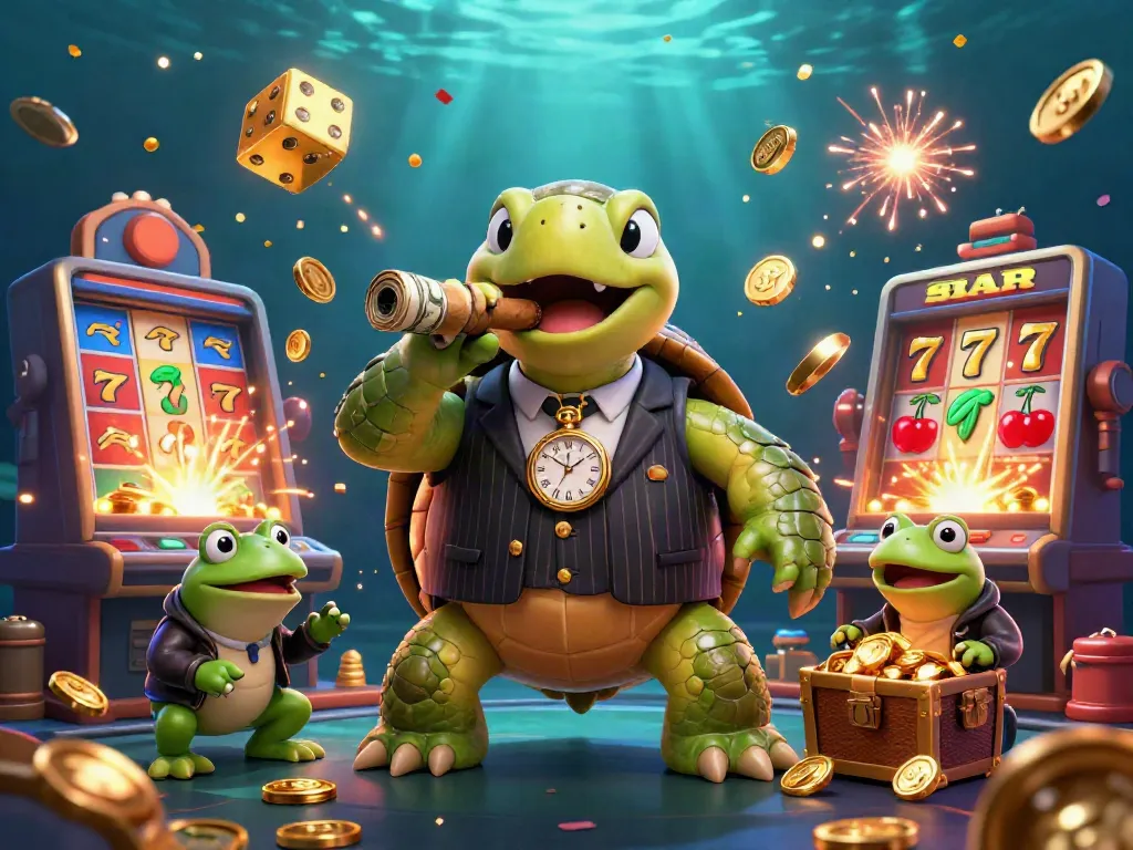Experience thrilling casino excitement with ketquabongda39 in this vibrant scene of a turtle mobster and bullfrog enforcers.