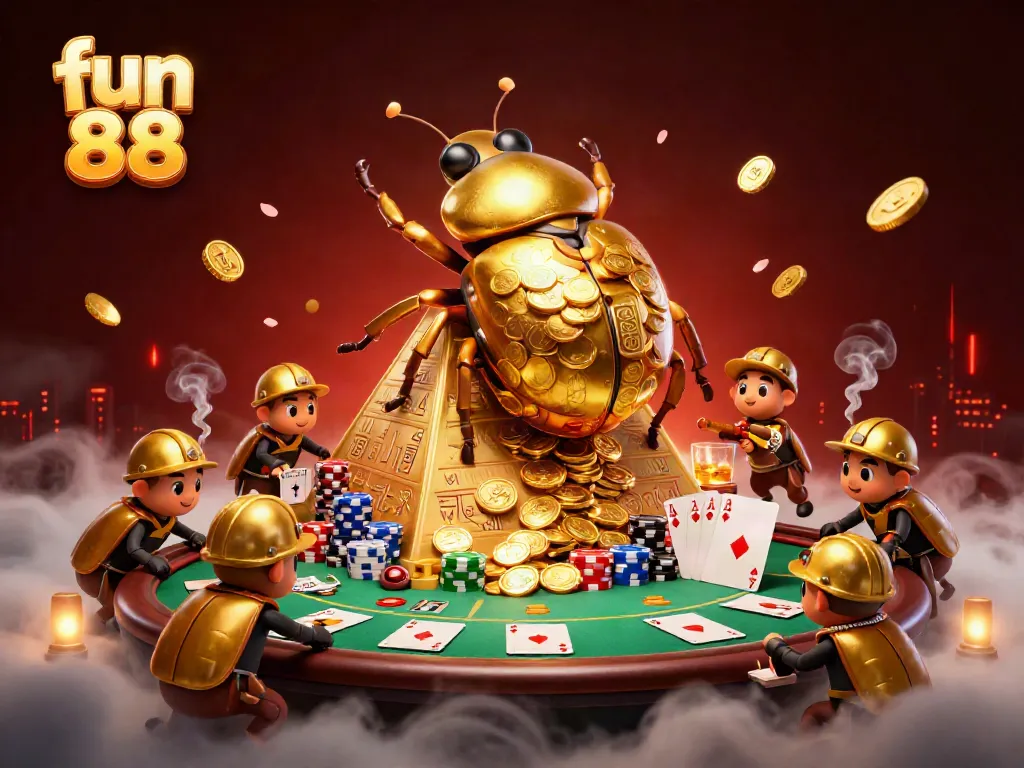 Experience the vibrant world of fun 88 with lively casino action, colorful poker elements, and gold coin treasures.