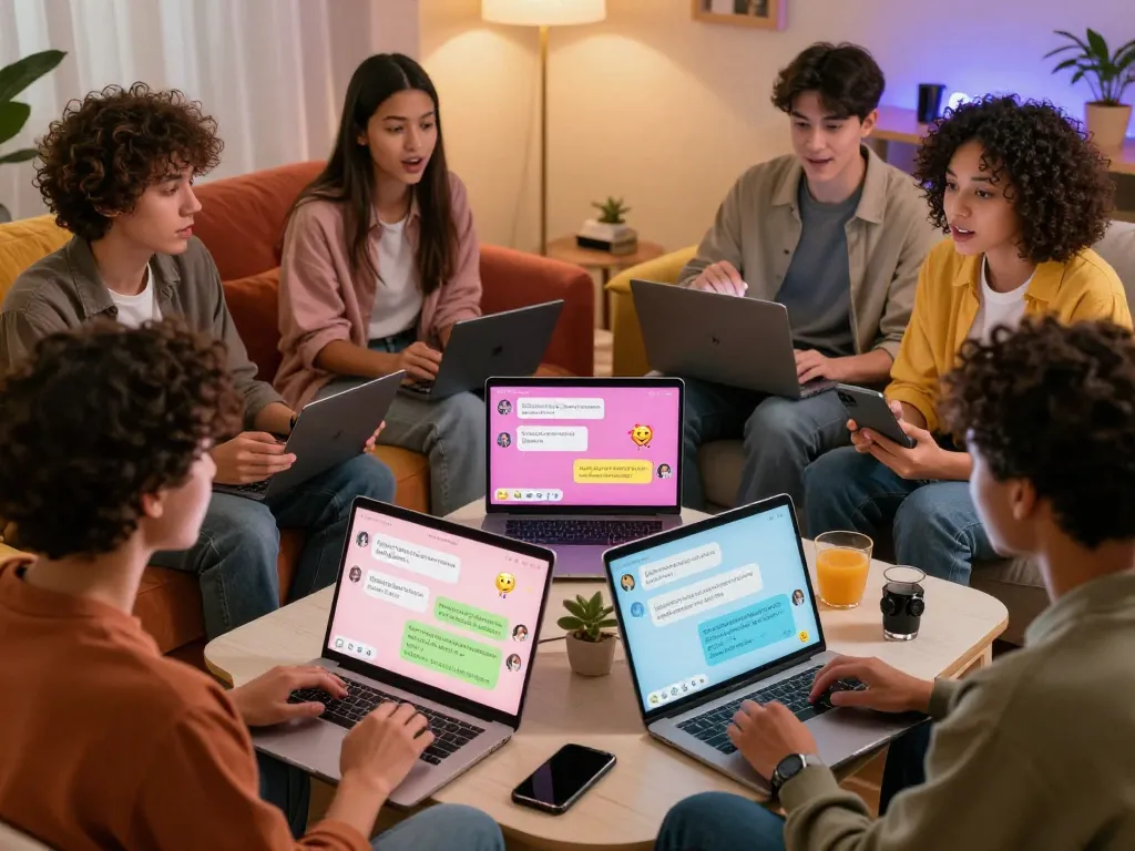 Engaging scene of users interacting with nsfw chat bot on personal devices in a cozy setting.