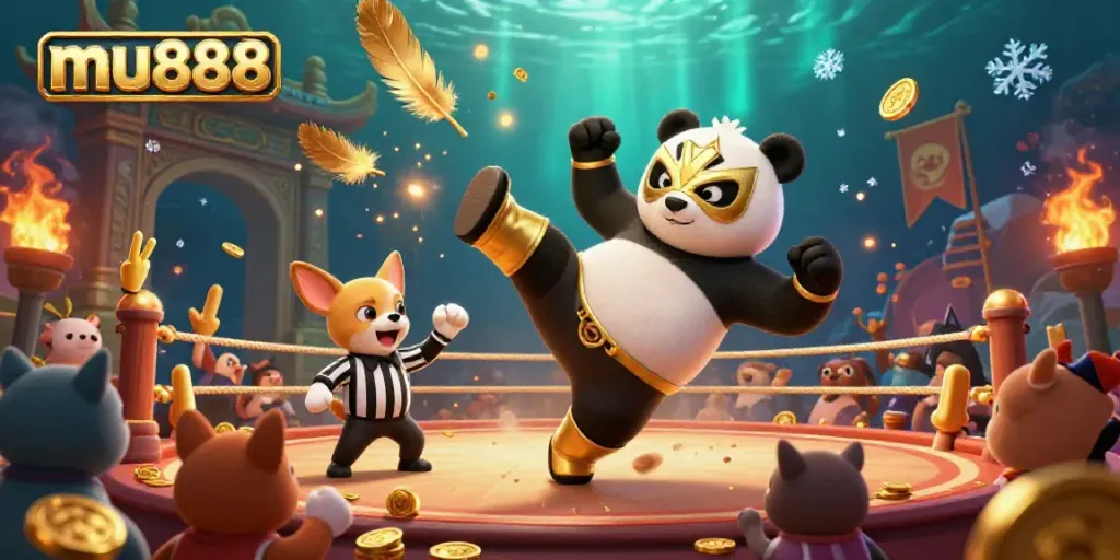 Engaging mu888 scene showing a panda wrestler kicking, casino elements, and excited spectators.
