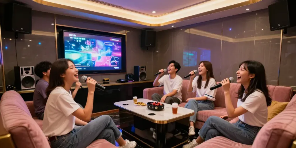 강남도파민에서 친구들과 함께 즐거운 시간을 보내는 고급스러운 가라오케 방의 모습