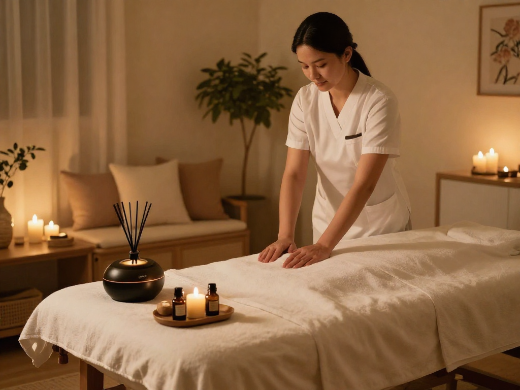 출장마사지 services in a serene home setting with calming ambiance and professional therapist.