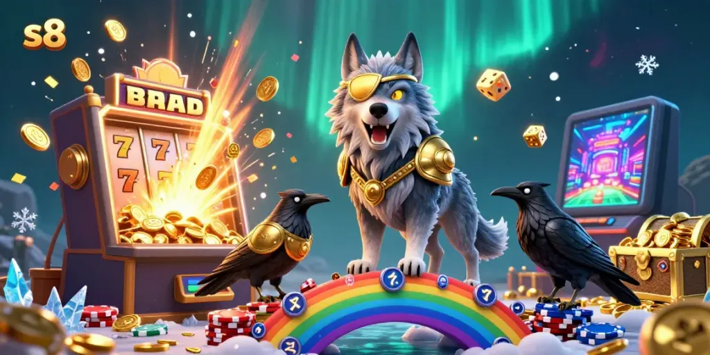 S8 platform features a dynamic cash explosion scene with Odin wolf and ravens in a casino setting.