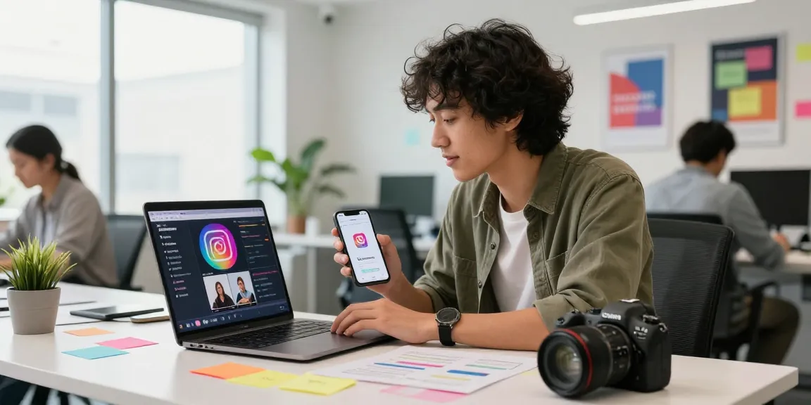 インスタ リール 再生回数 購入の向上を目指す現代的なオフィスでのマーケティングシーン。