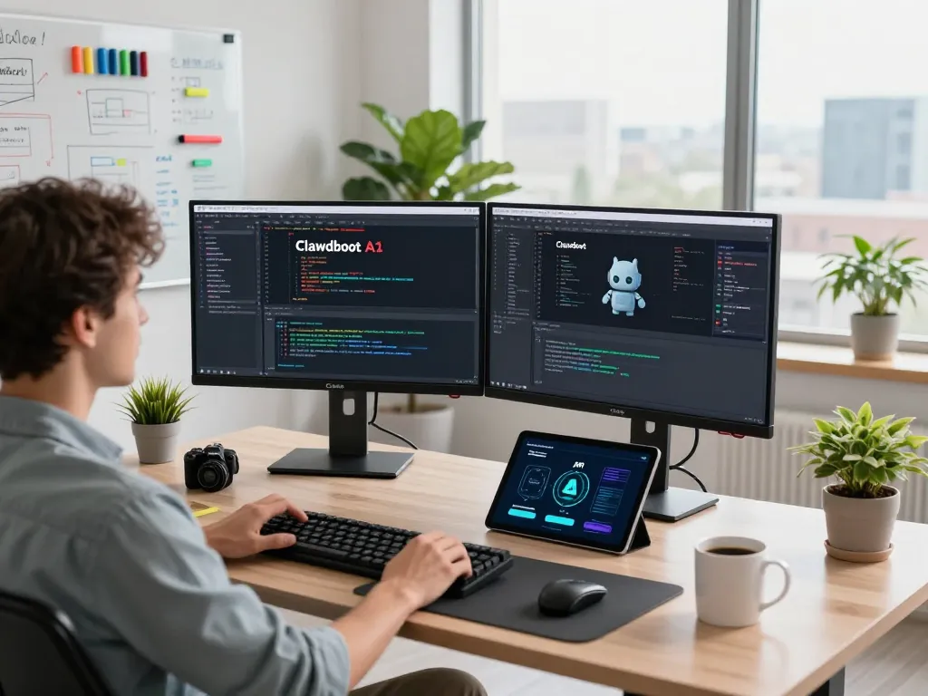 Workspace with developer using Clawdbot AI on dual monitors, coding and managing tasks.