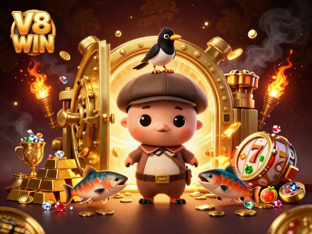 V8 WIN brings luck and fun with a vibrant illustration of baby Nessie, a magpie, and salmon at a treasure vault.