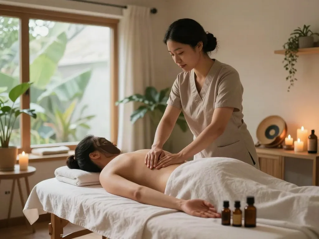 Relaxing 성남출장안마 experience in a tranquil massage spa setting with soothing ambient light and skilled therapist.