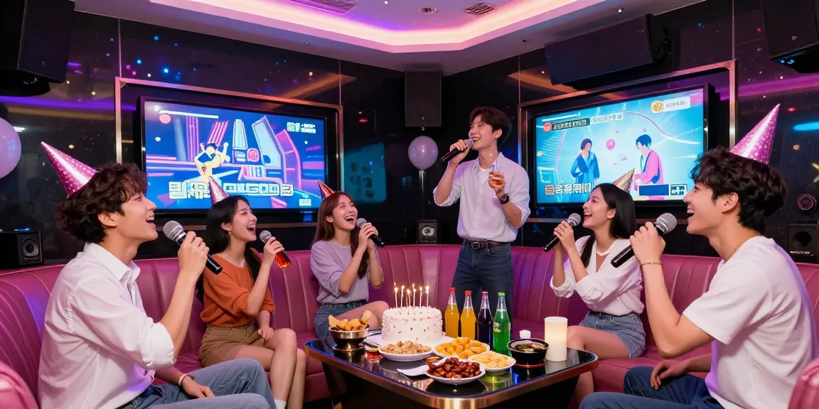 강남가라오케에서 친구들과 즐거운 생일 축하를 하는 모습, 현대적인 분위기와 화려한 조명 강조
