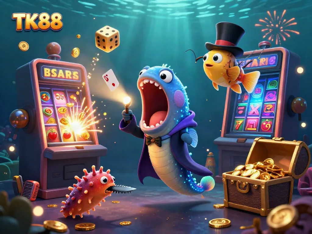 Experience thrilling casino magic with TK 88's animated deep-sea characters in an underwater jackpot explosion.