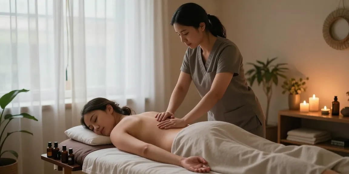 조용한 1인샵 마사지 스튜디오에서 전문 관리사가 고객에게 편안한 마사지를 제공하는 장면