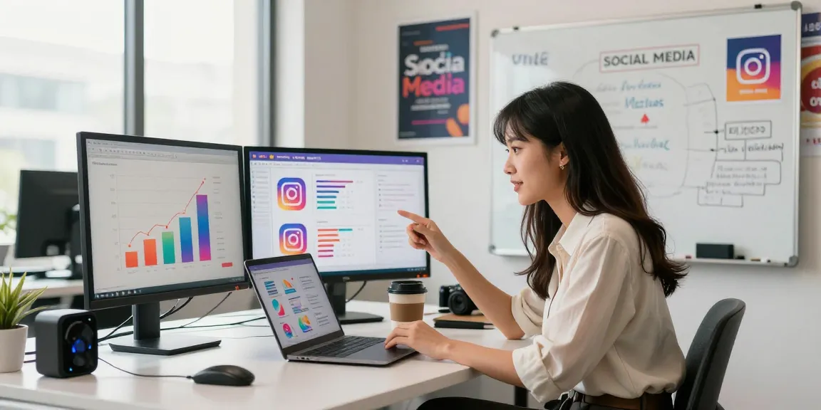 ユーチューブ チャンネル 登録者 購入を通じてインスタグラムでのフォロワー増加戦略を考える、若いプロフェッショナルの女性のシーン。