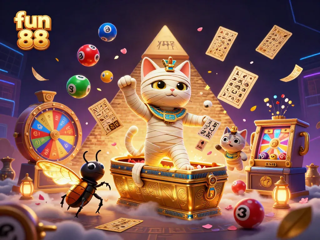 Engage with fun 88 in a vibrant 3D illustration featuring a mummy cat and casino elements.