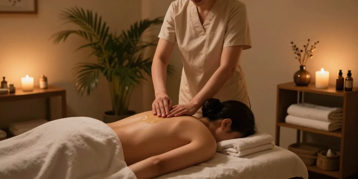 마사지로 편안하게 휴식하는 모습, 아늑한 스웨디시 마사지실에서 치료사가 고객의 등을 마사지하고 있습니다.