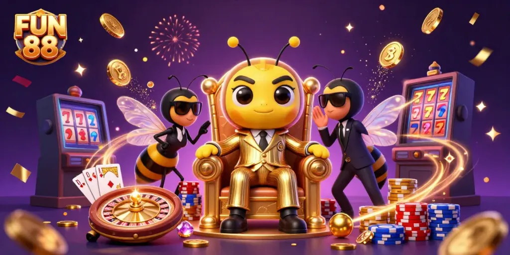 Unleash the excitement at FUN 88 with a vibrant 3D casino scene, featuring gold coins and a spinning roulette wheel.