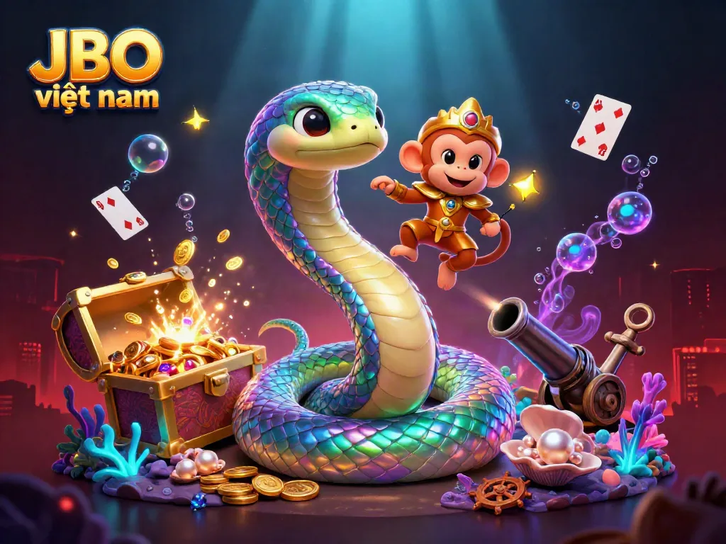 Engage in thrilling bets with JBO việt nam, showcasing 3D characters and vibrant casino elements.
