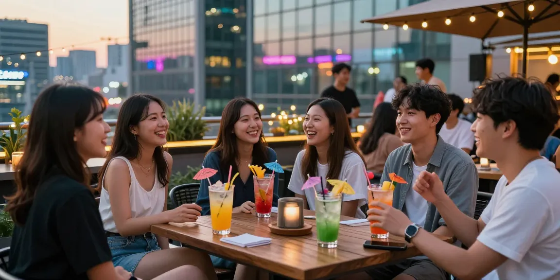 강남 세이렌의 화려한 도시 야경을 즐기는 친구들의 모습