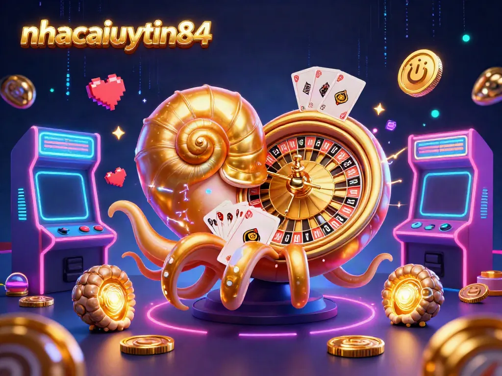 Engage with the fascinating 3D gambling scene featuring nhacaiuytin84's nautilus roulette wheel and glowing arcade elements.