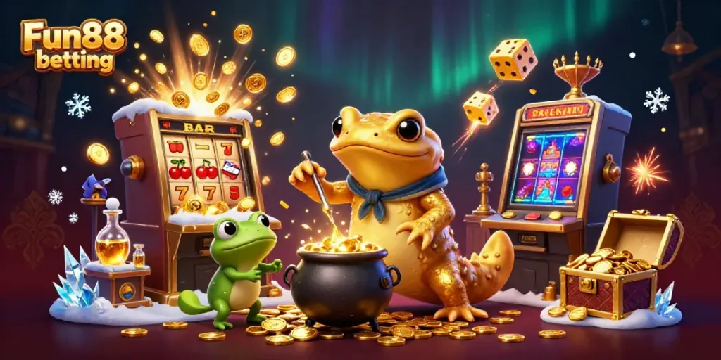 Experience Fun88 betting excitement with a golden salamander alchemist and vibrant casino elements bursting with rich visuals.