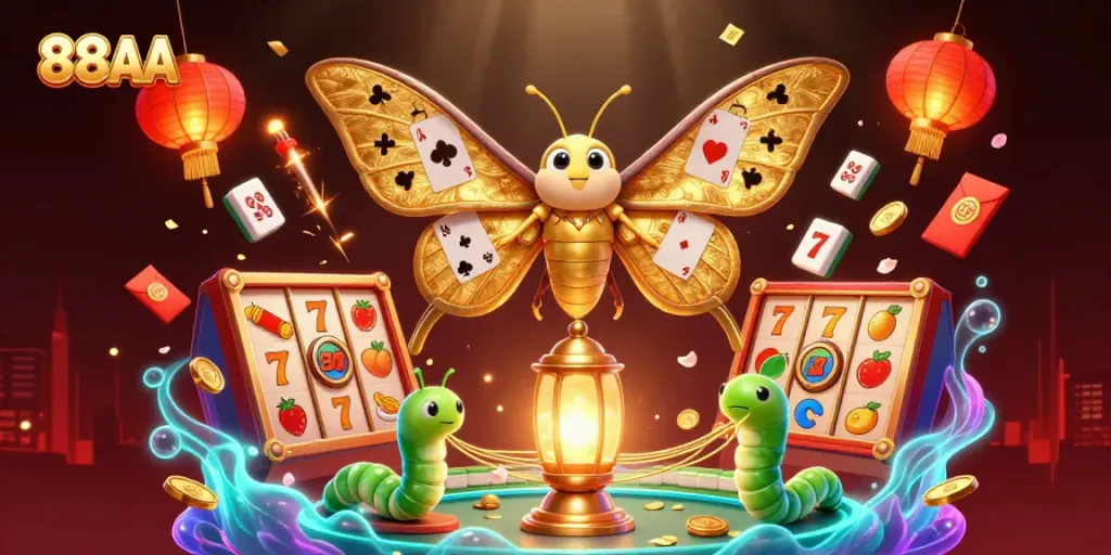 Experience thrilling gameplay at 88AA with a vibrant, dynamic casino scene featuring elements like slot reels and jackpots.