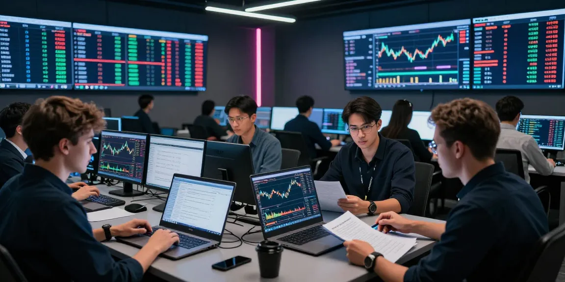 Traders using 업투익스체인지 for real-time cryptocurrency trading in a high-tech environment.