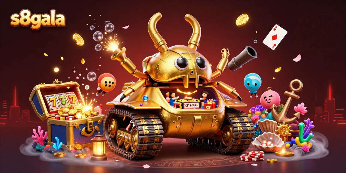 S8gala reveals a vibrant scene featuring a golden beetle tank transformed into a miniature casino, showcasing slots and lively gameplay.