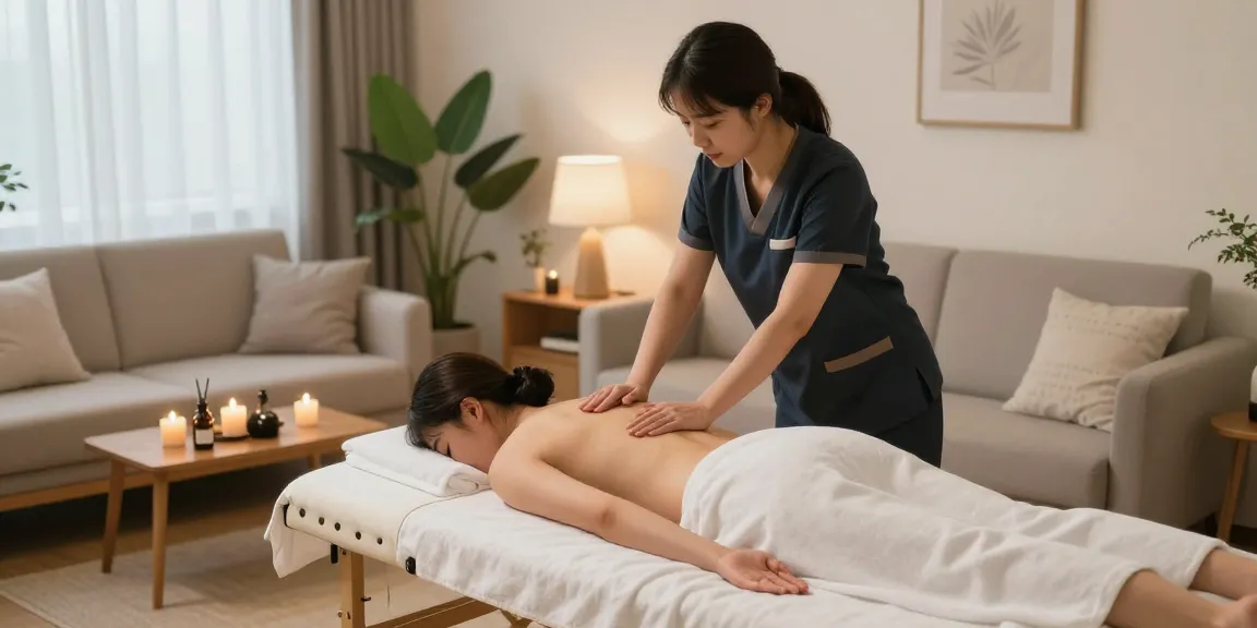 Serene scene of 성남출장안마 with a professional therapist providing calming home massage therapy.