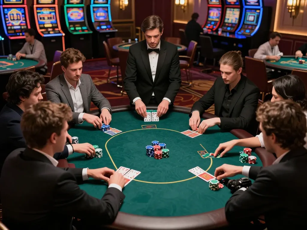 Players engaging in a strategic poker session at a casino, highlighting qq8827's exciting gaming experience.
