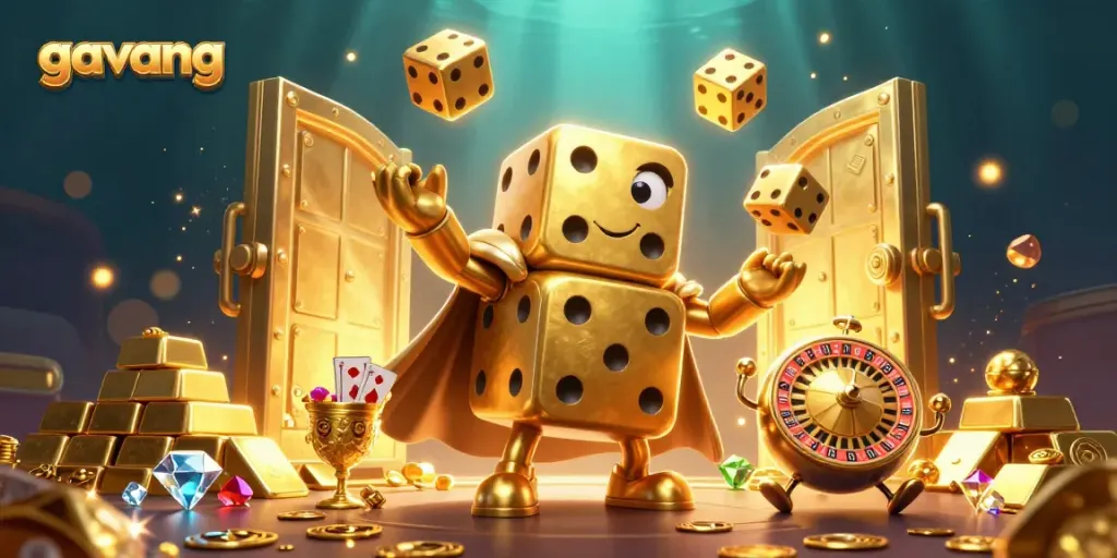 Experience thrilling gaming action with golden dice golem and treasures in the world of gavang.