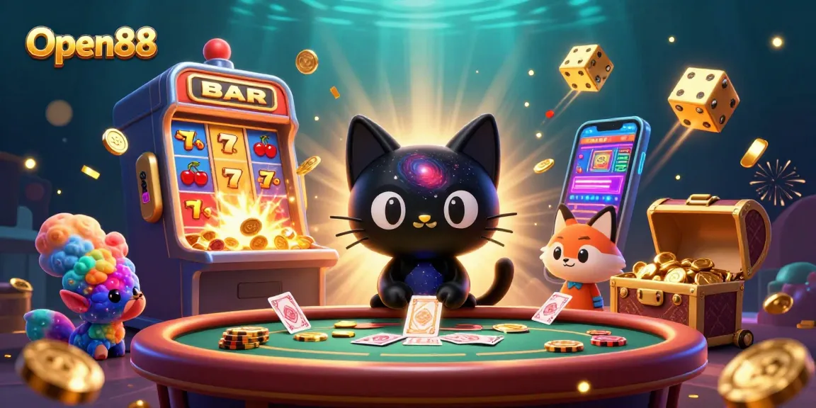 Open88 casino scene featuring dynamic characters, jackpots, and casino games in 3D illustration.