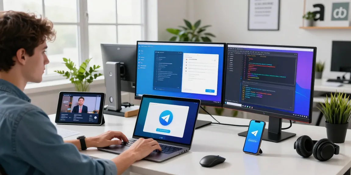 Download Telegram setup in a modern tech workspace with vibrant app displays and gadgets.