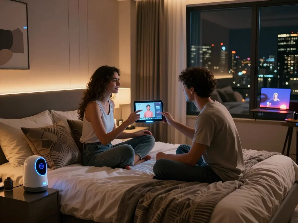 Couple exploring ai sex experiences with AI-powered devices in a modern bedroom.