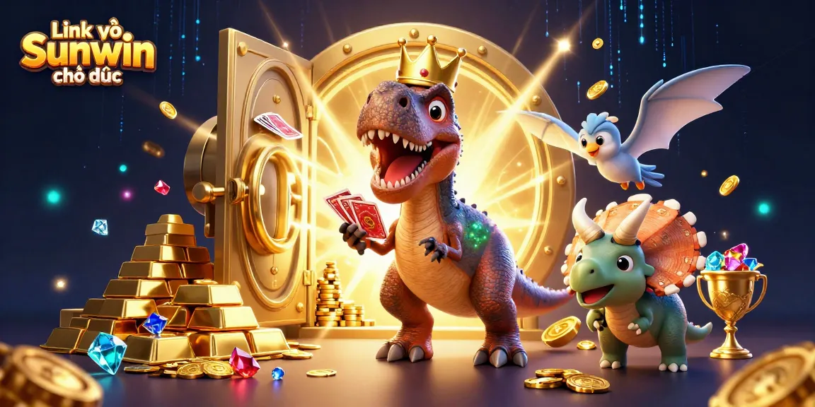 Engaging scene with a friendly T-Rex and pterodactyl promoting exciting games at Link vào Sunwin chính thức casino.