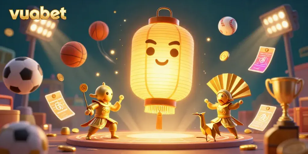 Engage in exciting casino action with vuabet's dynamic 3D illustration, showcasing golden lantern spirit and thrilling sports games.