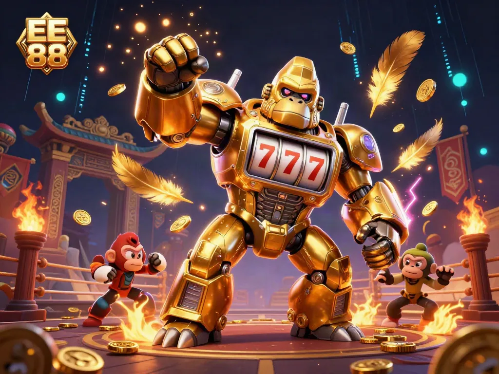 Engage in thrilling gameplay with EE 88 featuring a golden mech and dynamic casino elements.