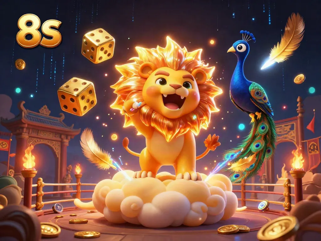 Engage with the thrilling 8 S scene featuring a lion, dice, and peacock in a casino adventure.