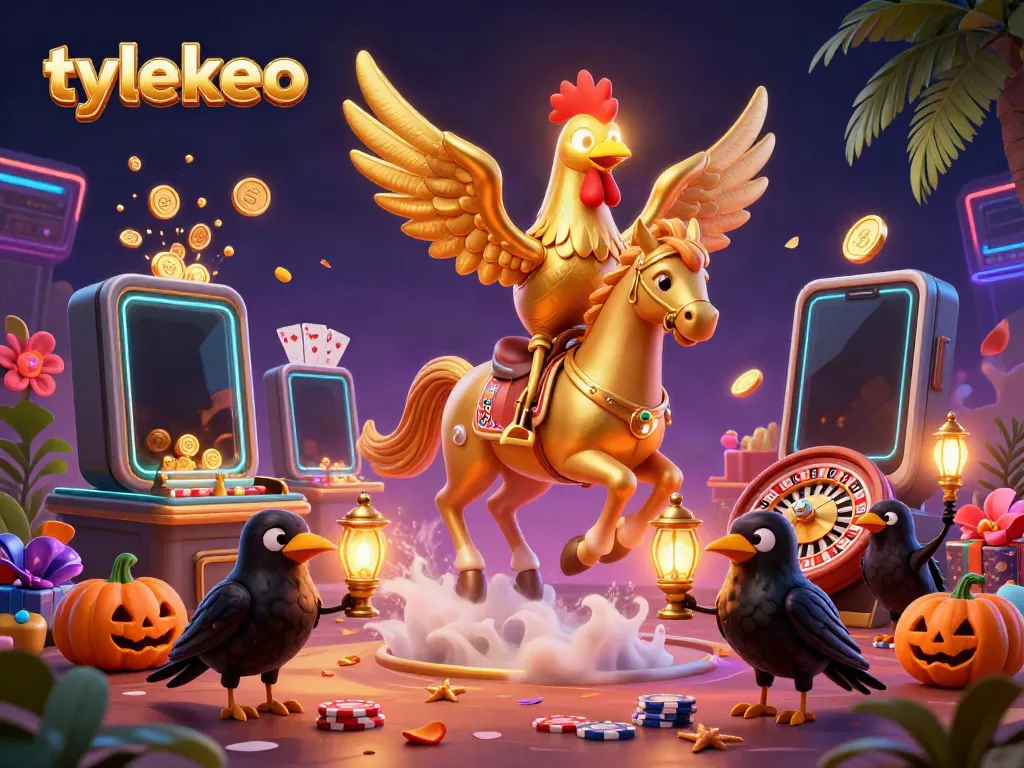 Engage with tylekeo's vibrant casino scene showcasing a golden rooster and crow companions amidst dazzling game elements.