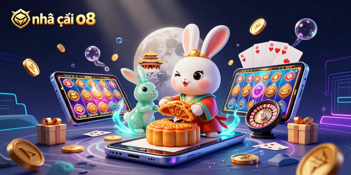 Join the excitement at Nhà cái o8, where the moon rabbit reveals poker chips while playing games in a vibrant casino setting.
