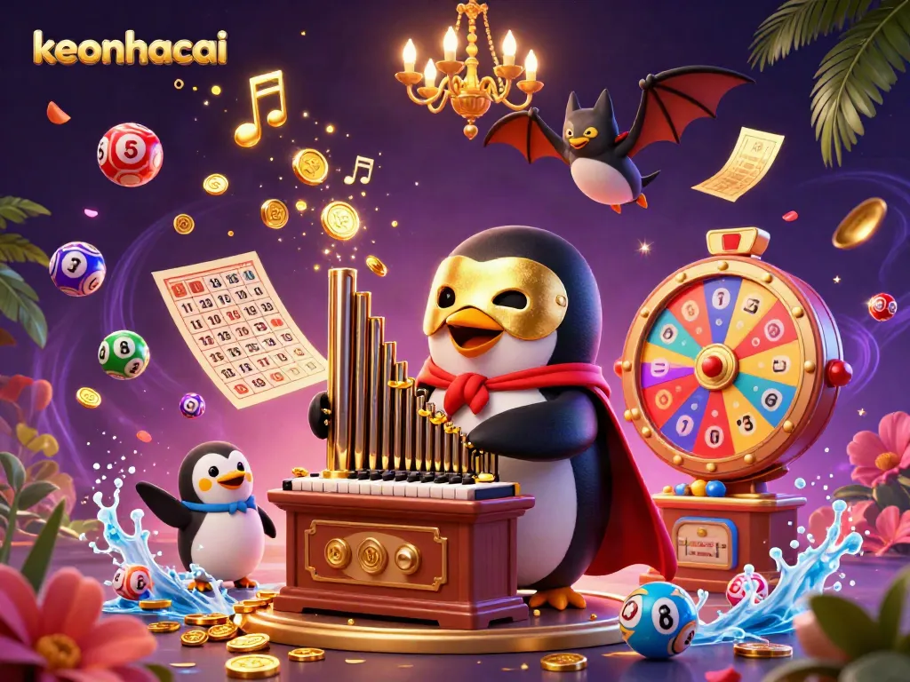 Engage with keonhacai's exciting casino world featuring a cartoon penguin and dynamic lottery elements.