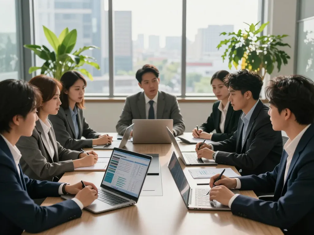 다양한 전문인이 오피스타 서비스와 데이터를 논의하는 협업 사무실 회의