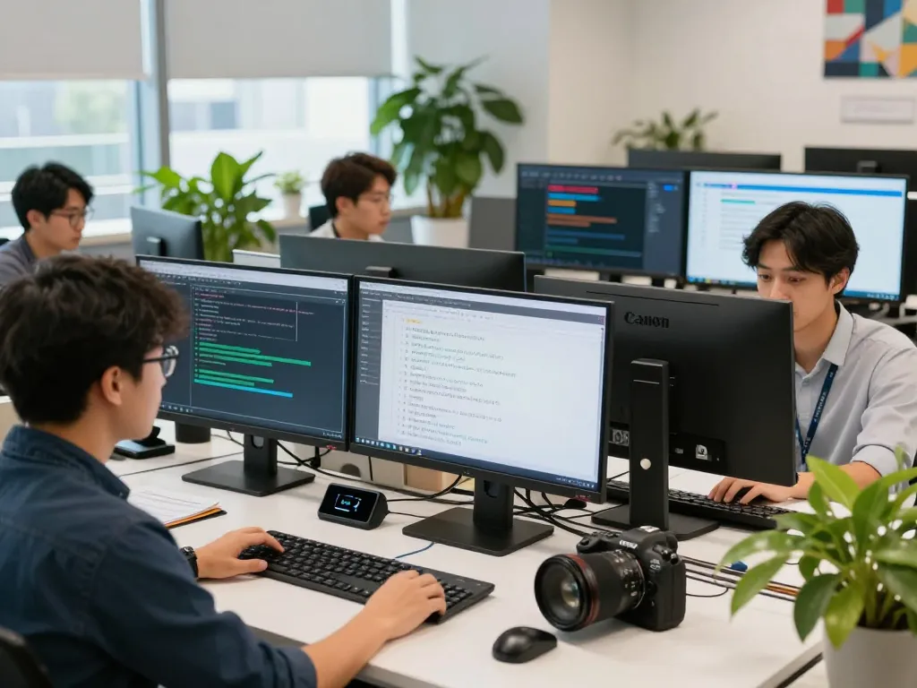 团队在现代办公室中使用有道词典进行翻译软件的协作。