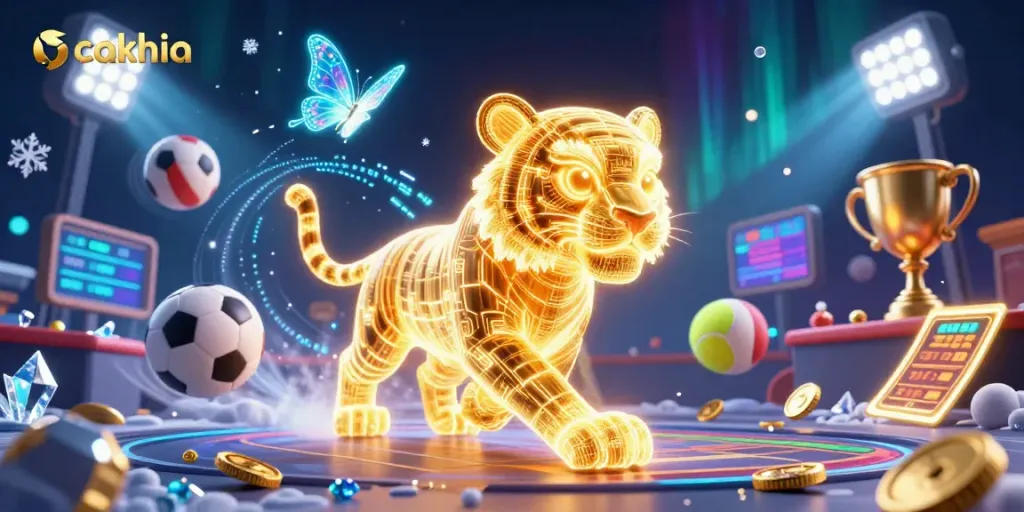 Cakhia sports betting scene featuring a golden tiger and vibrant sports elements in motion.