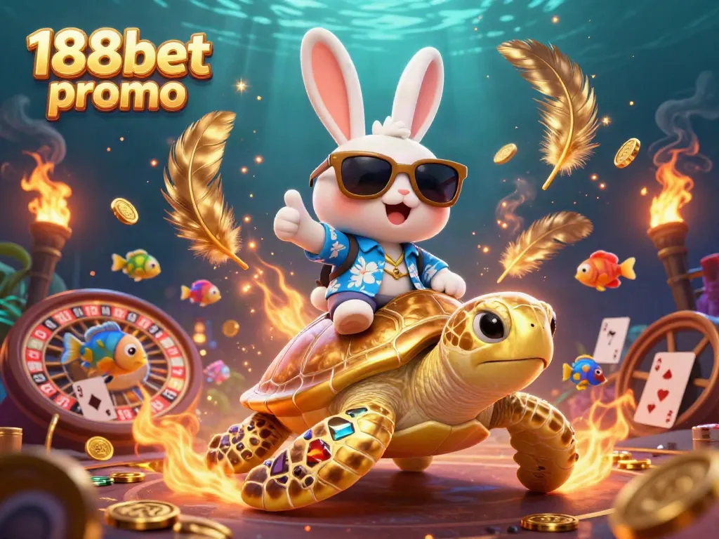 Join the action with the 188bet promo featuring a playful rabbit and a golden sea turtle in a vibrant casino scene.